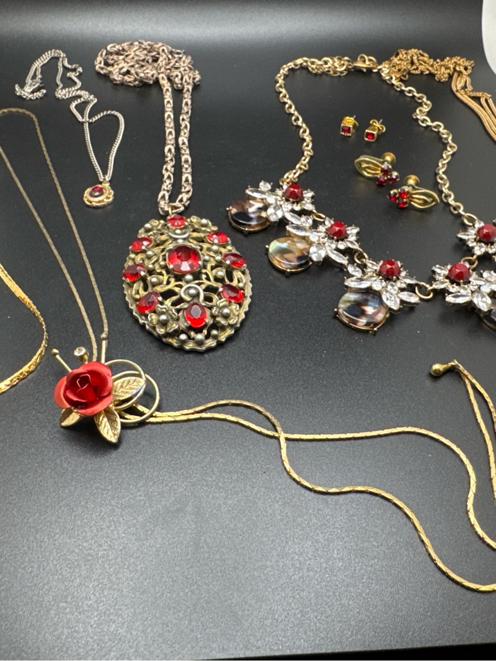 Gold-Tone Red Flower Pendant Necklace - Women Jewelry